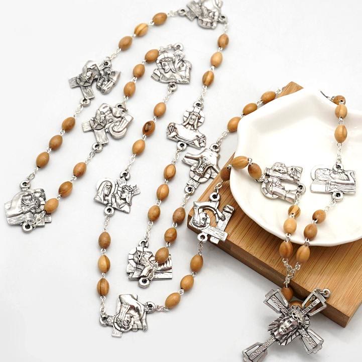 Via Crucis 14 Stations of the Cross Oval Mother of Pearl/Olive Wood Alloy Chain Rosary