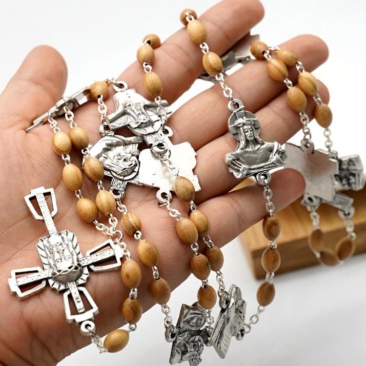 Via Crucis 14 Stations of the Cross Oval Mother of Pearl/Olive Wood Alloy Chain Rosary