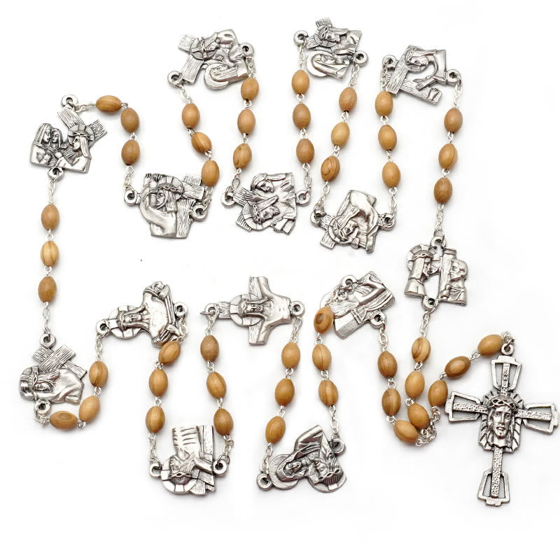 Via Crucis 14 Stations of the Cross Oval Mother of Pearl/Olive Wood Alloy Chain Rosary