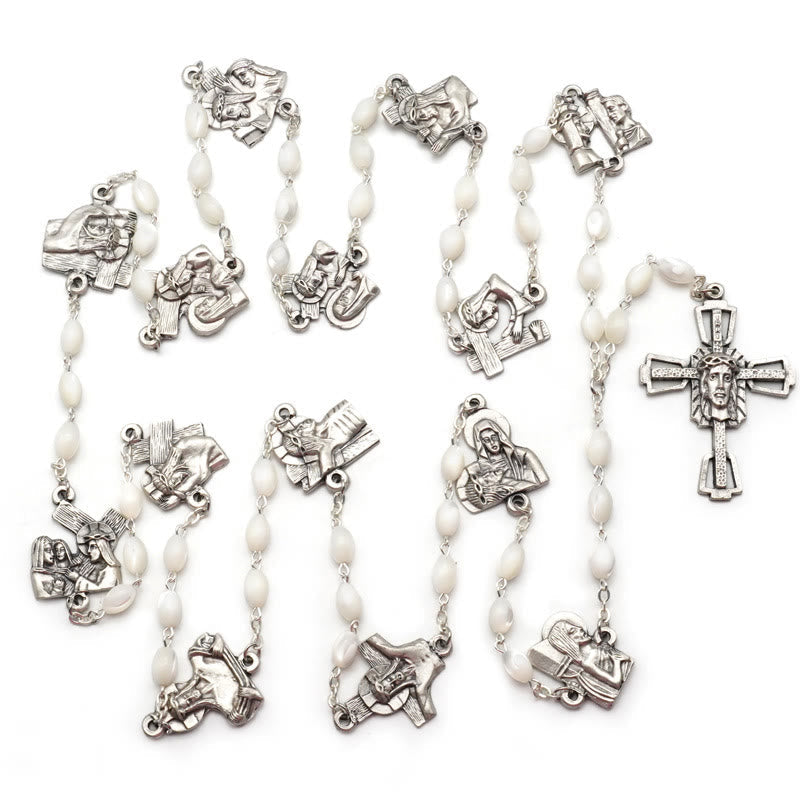 Via Crucis 14 Stations of the Cross Oval Mother of Pearl/Olive Wood Alloy Chain Rosary