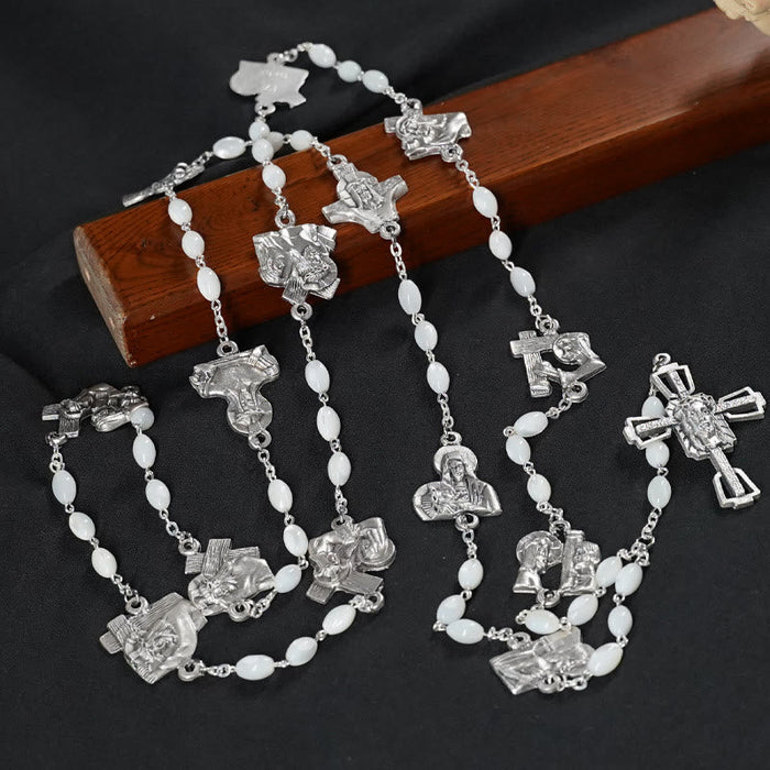 Via Crucis 14 Stations of the Cross Oval Mother of Pearl/Olive Wood Alloy Chain Rosary