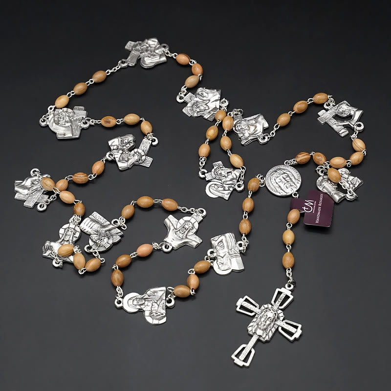 Via Crucis 14 Stations of the Cross Oval Mother of Pearl/Olive Wood Alloy Chain Rosary