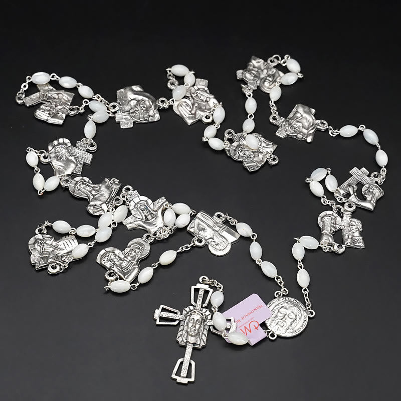 Via Crucis 14 Stations of the Cross Oval Mother of Pearl/Olive Wood Alloy Chain Rosary