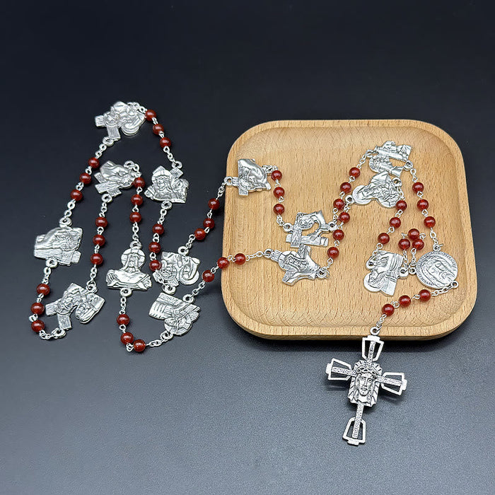 Via Crucis the Stations of the Cross Round Red/Black Agate Alloy Chain Rosary