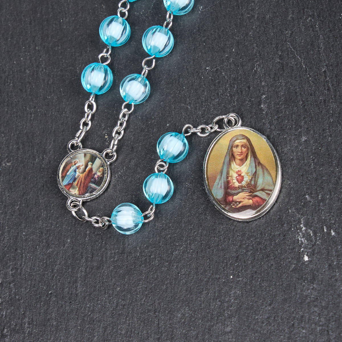 Seven Sorrow of 8 mm Round Blue Acrylic Alloy Chain Rosary