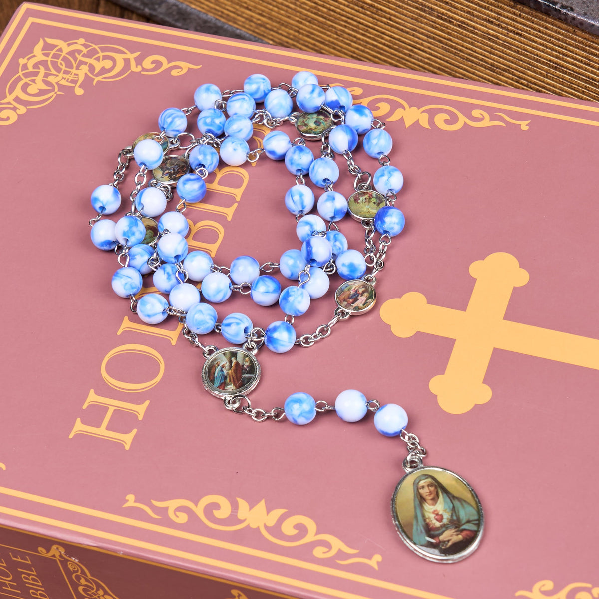 Seven Sorrow of 8 mm Round Blue/Green Acrylic Alloy Chain Rosary