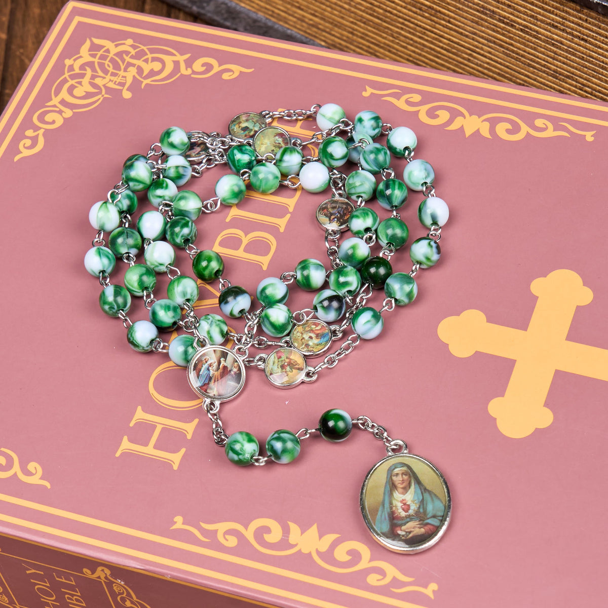 Seven Sorrow of 8 mm Round Blue/Green Acrylic Alloy Chain Rosary