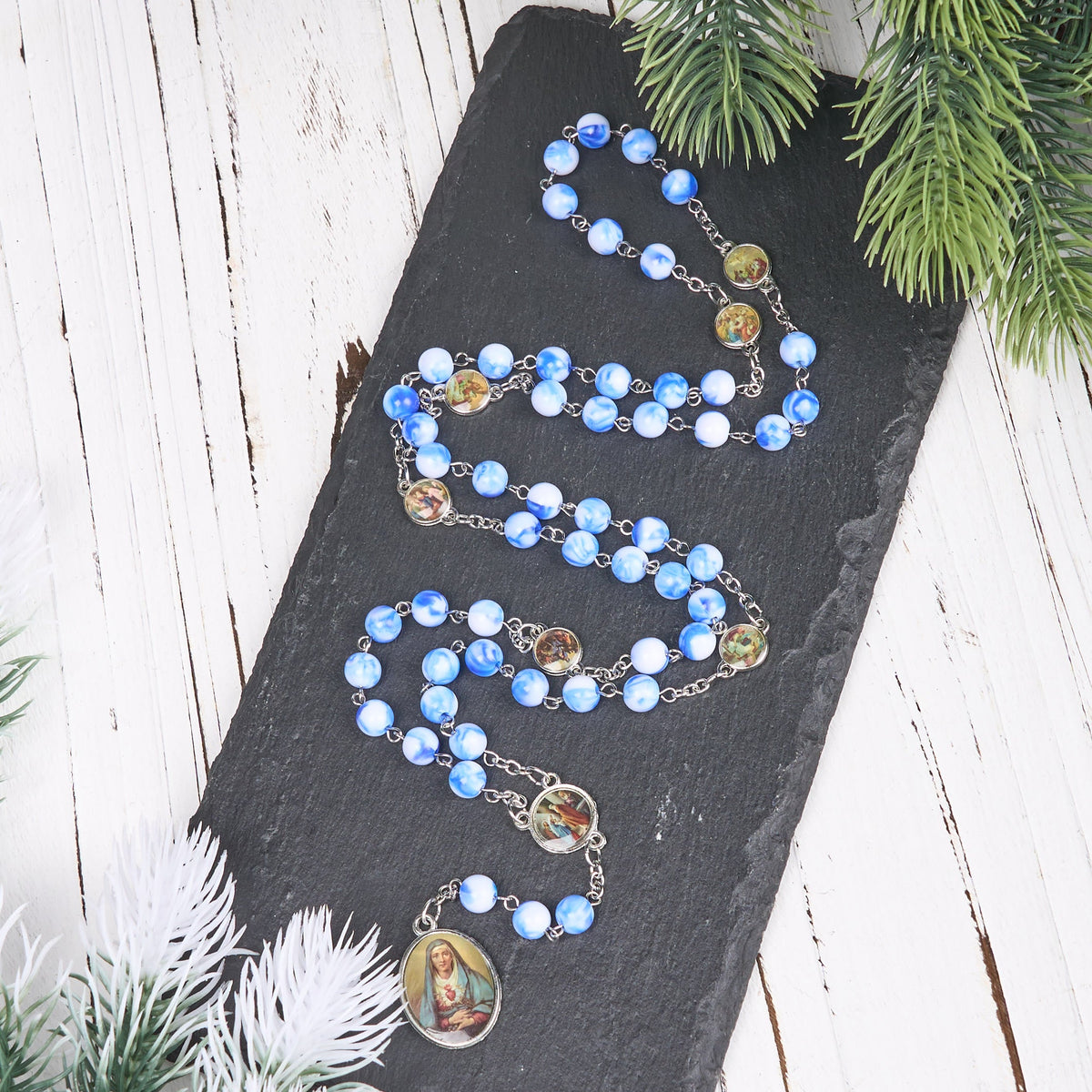 Seven Sorrow of 8 mm Round Blue/Green Acrylic Alloy Chain Rosary