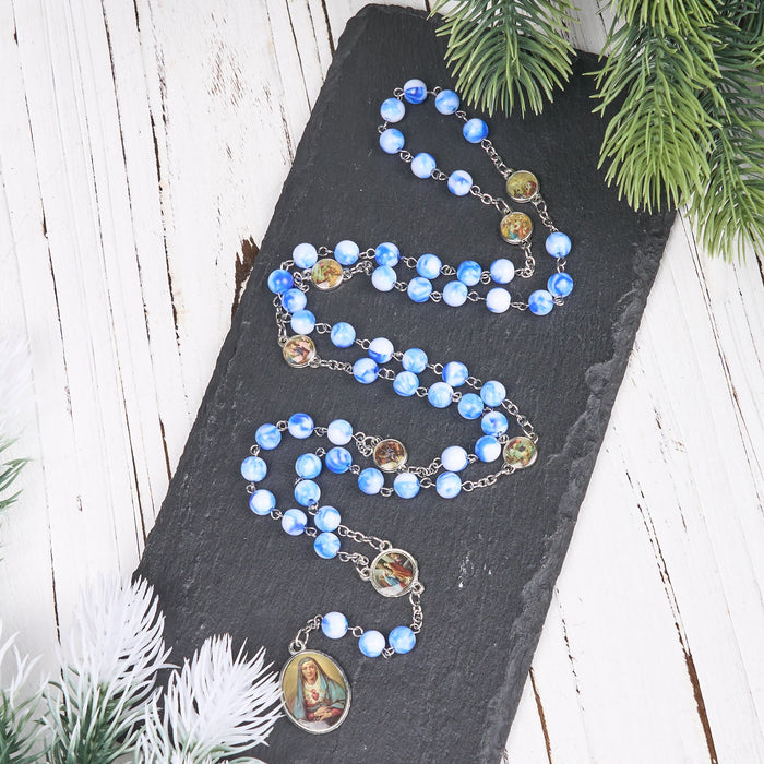 Seven Sorrow of 8 mm Round Blue/Green Acrylic Alloy Chain Rosary