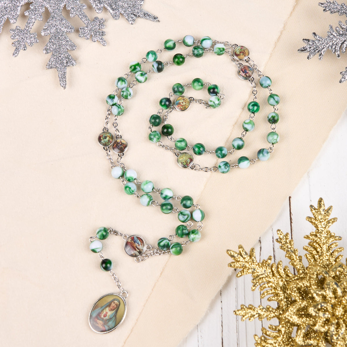 Seven Sorrow of 8 mm Round Blue/Green Acrylic Alloy Chain Rosary