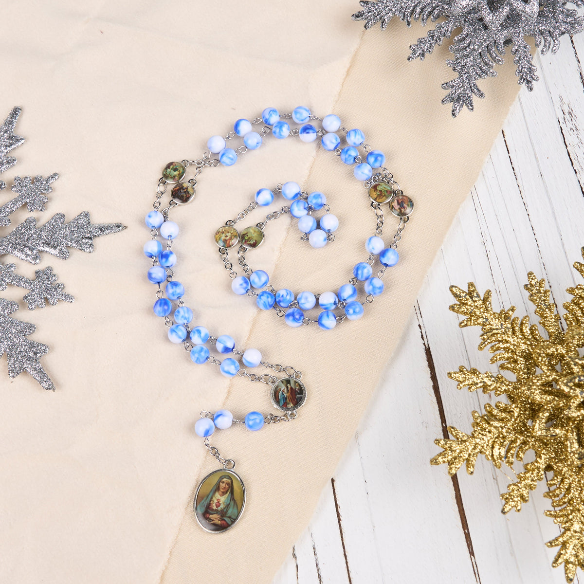 Seven Sorrow of 8 mm Round Blue/Green Acrylic Alloy Chain Rosary
