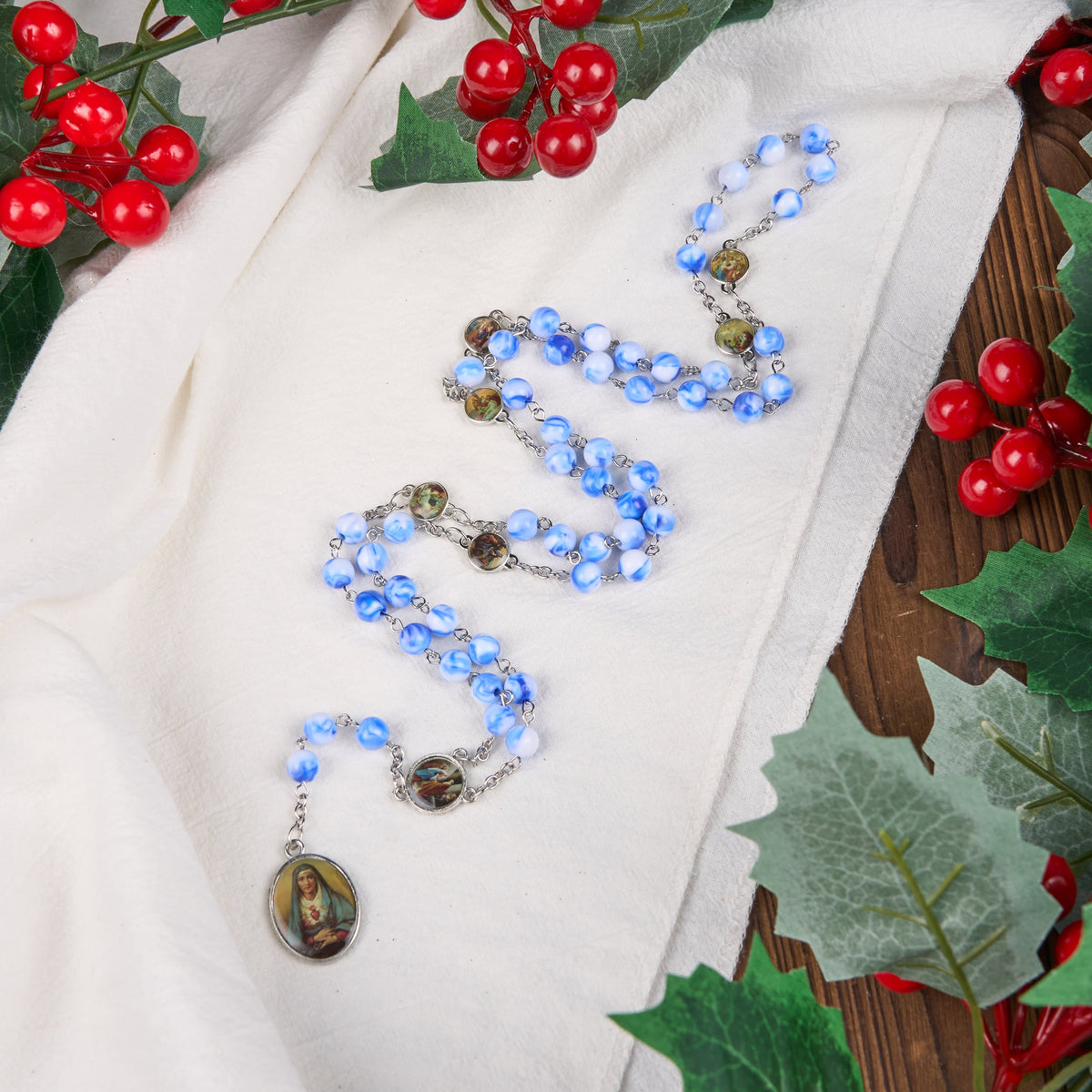 Seven Sorrow of 8 mm Round Blue/Green Acrylic Alloy Chain Rosary