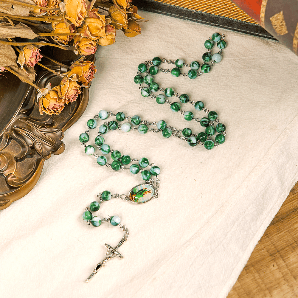 Saint Jude Thaddeus & Crucifix of 8 mm Round Green Acrylic Alloy Chain Rosary
