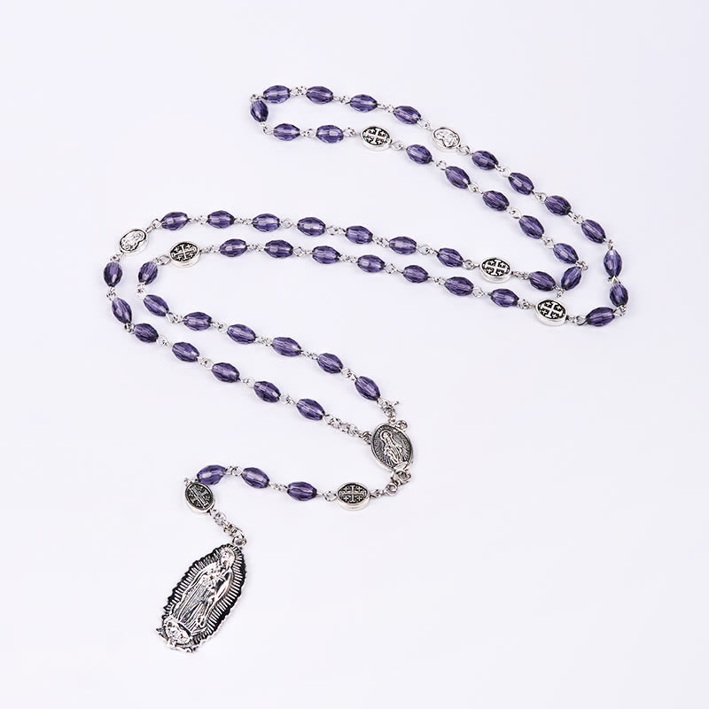 Miraculous Medal & Our Lady of Guadalupe of 6*8mm Oval Purple Crystal Alloy Chain Rosary