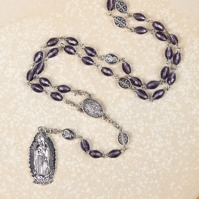 Miraculous Medal & Our Lady of Guadalupe of 6*8mm Oval Purple Crystal Alloy Chain Rosary