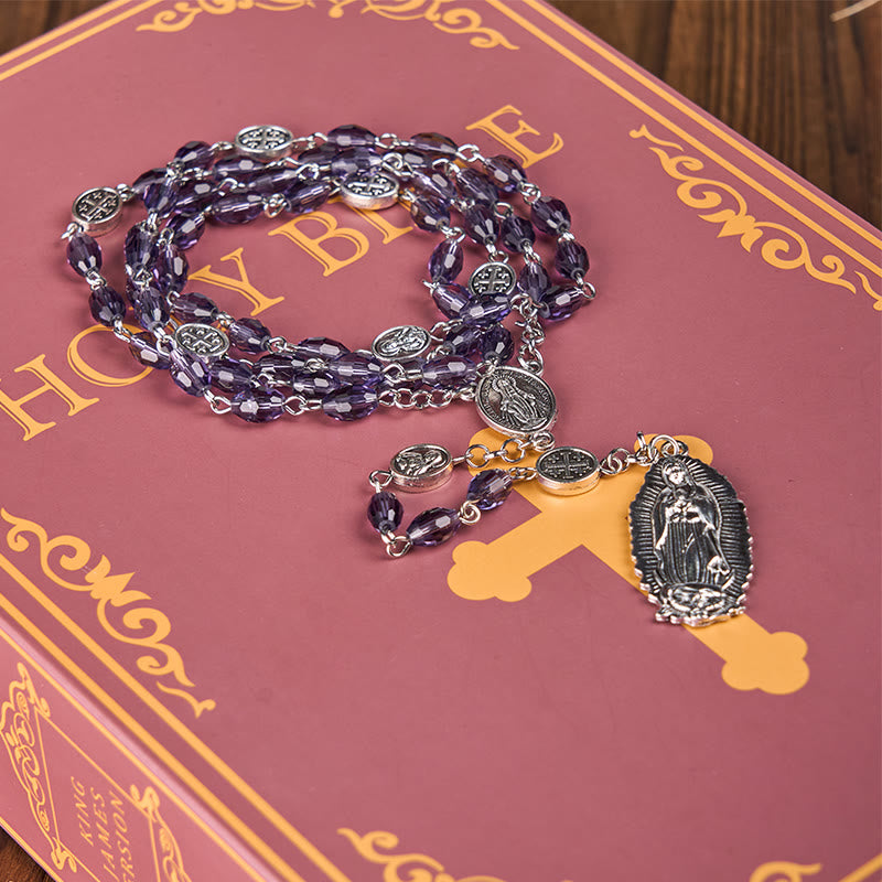 Miraculous Medal & Our Lady of Guadalupe of 6*8mm Oval Purple Crystal Alloy Chain Rosary