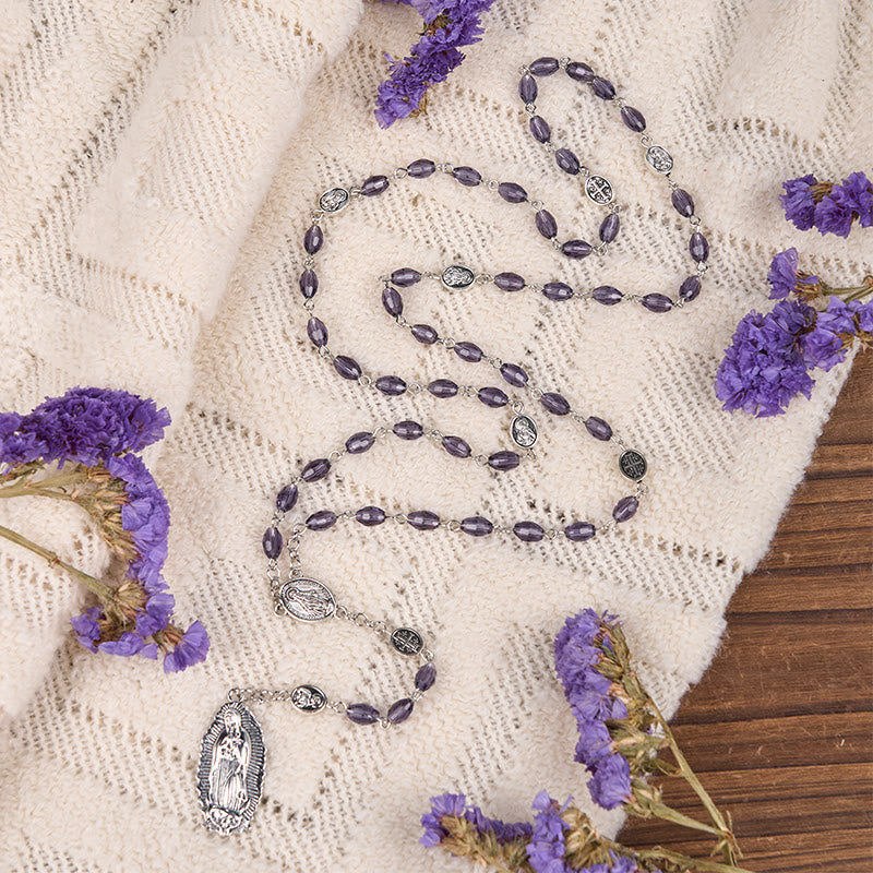 Miraculous Medal & Our Lady of Guadalupe of 6*8mm Oval Purple Crystal Alloy Chain Rosary