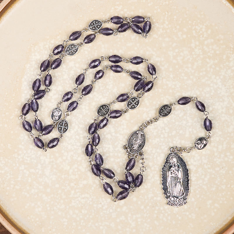 Miraculous Medal & Our Lady of Guadalupe of 6*8mm Oval Purple Crystal Alloy Chain Rosary