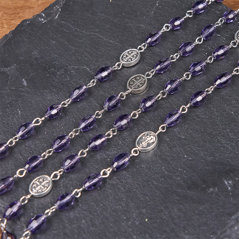 Miraculous Medal & Our Lady of Guadalupe of 6*8mm Oval Purple Crystal Alloy Chain Rosary