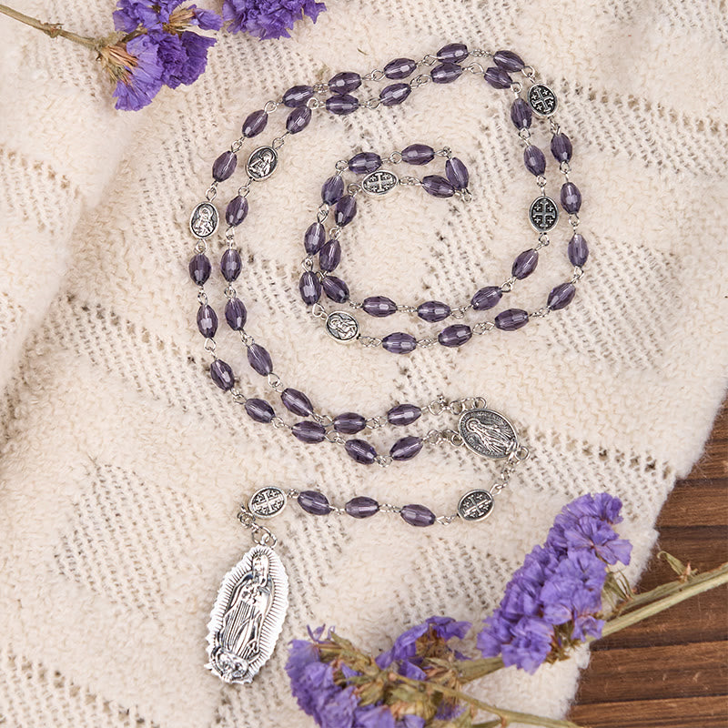 Miraculous Medal & Our Lady of Guadalupe of 6*8mm Oval Purple Crystal Alloy Chain Rosary