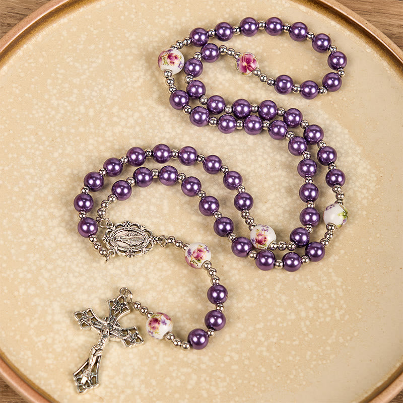 Miraculous Medal & Crucifix of 10mm Round Multicolor Pearl/Ceramics Rosary