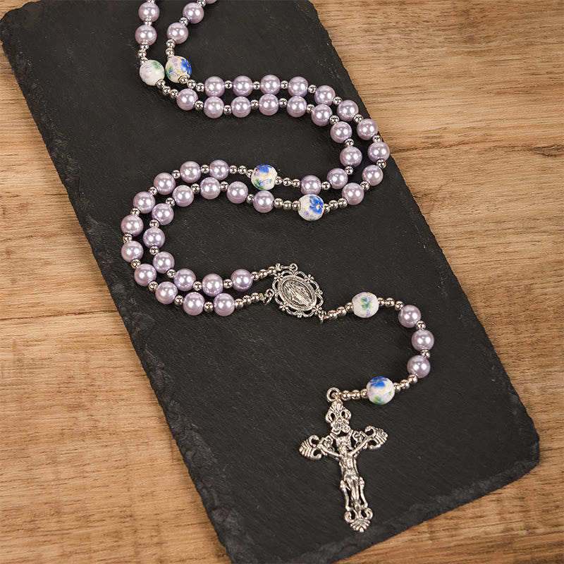 Miraculous Medal & Crucifix of 10mm Round Multicolor Pearl/Ceramics Rosary