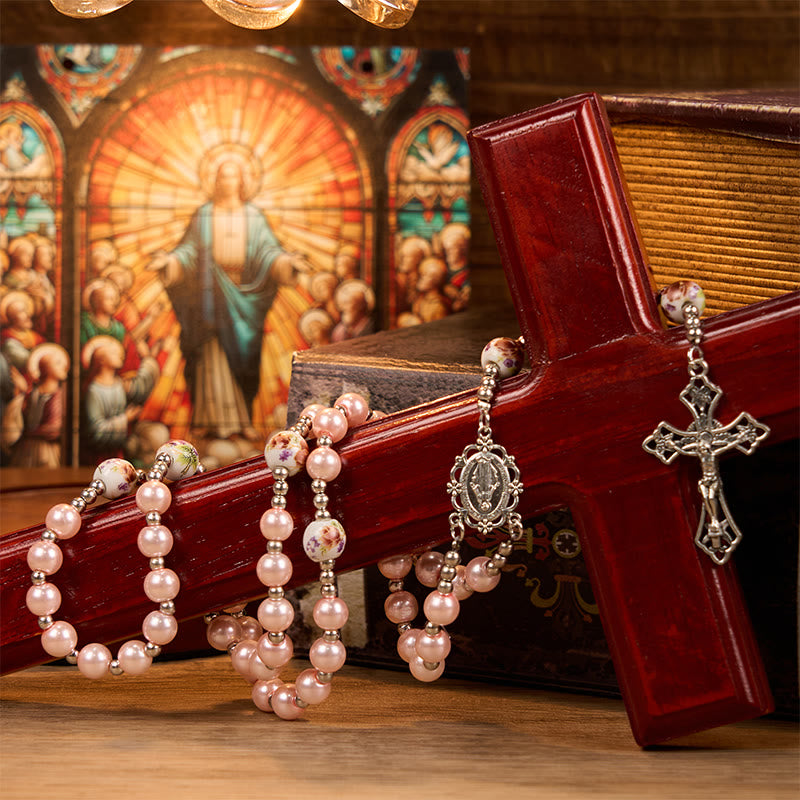 Miraculous Medal & Crucifix of 10mm Round Multicolor Pearl/Ceramics Rosary