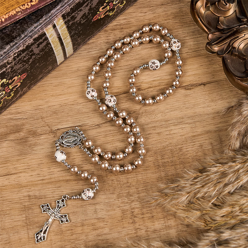 Miraculous Medal & Crucifix of 10mm Round Multicolor Pearl/Ceramics Rosary