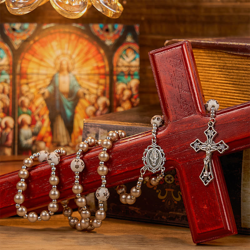 Miraculous Medal & Crucifix of 10mm Round Multicolor Pearl/Ceramics Rosary
