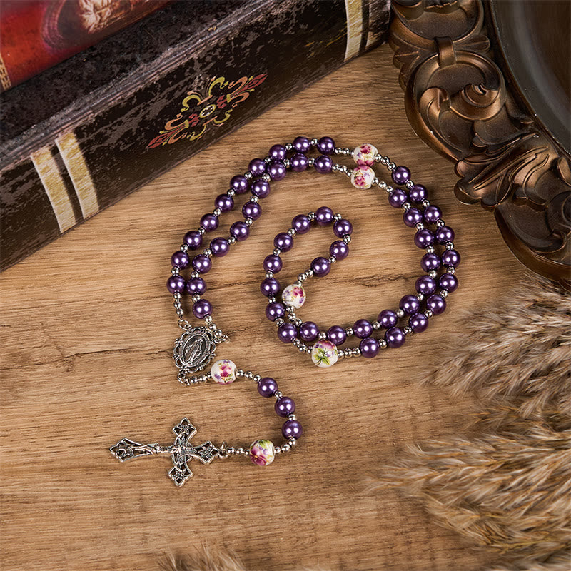 Miraculous Medal & Crucifix of 10mm Round Multicolor Pearl/Ceramics Rosary