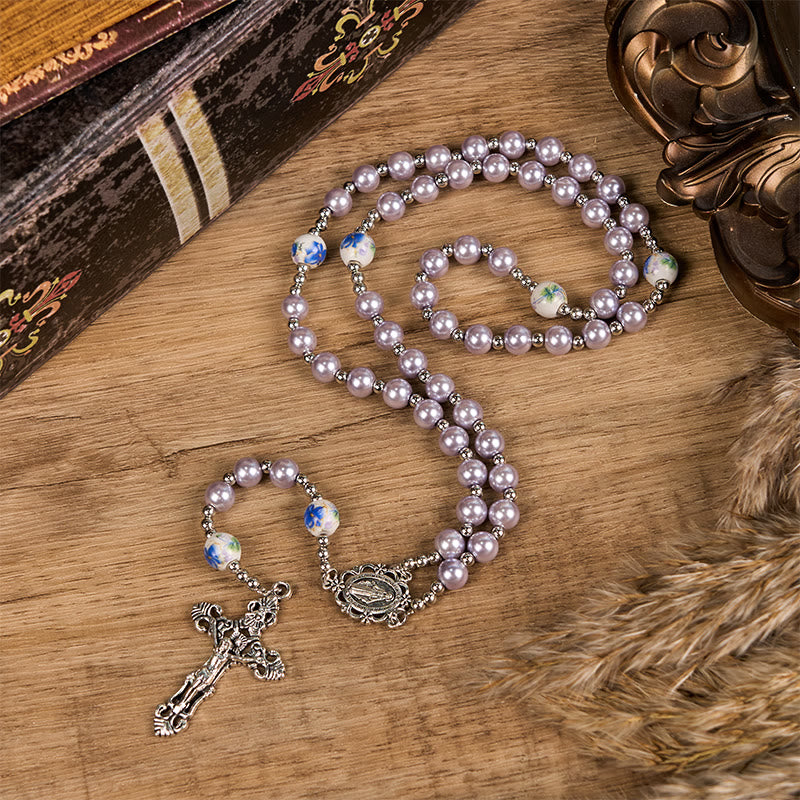 Miraculous Medal & Crucifix of 10mm Round Multicolor Pearl/Ceramics Rosary
