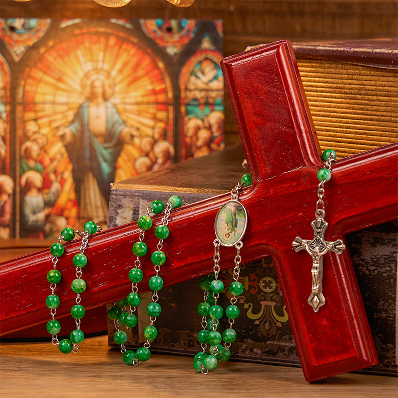 St. Jude & Crucifix of 8 mm Round Green Glass Alloy Chain Rosary