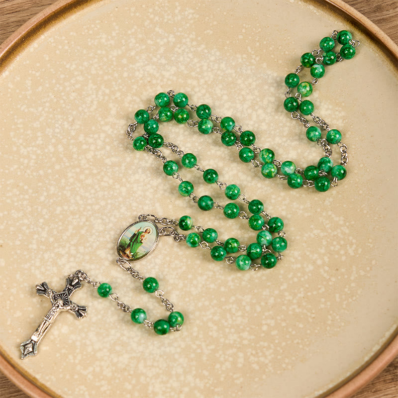 St. Jude & Crucifix of 8 mm Round Green Glass Alloy Chain Rosary
