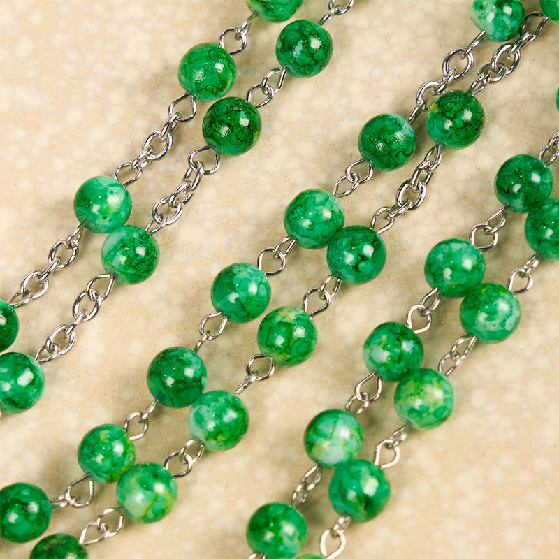 St. Jude & Crucifix of 8 mm Round Green Glass Alloy Chain Rosary