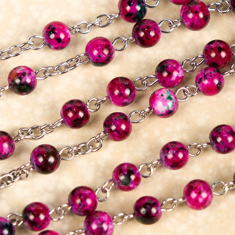 Divine Mercy & Crucifix of 8 mm Round Purple Glass Alloy Chain Rosary