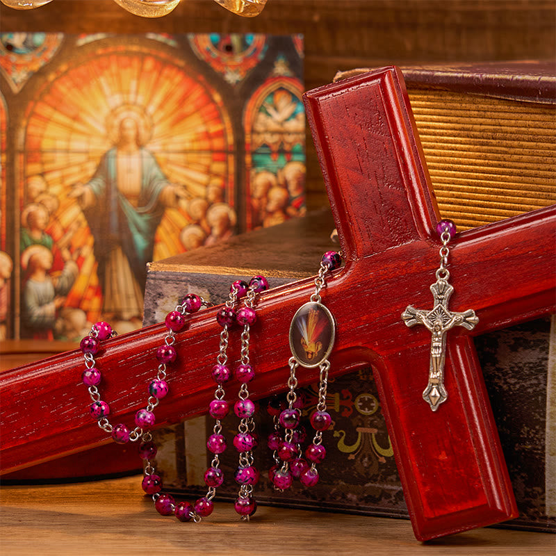 Divine Mercy & Crucifix of 8 mm Round Purple Glass Alloy Chain Rosary