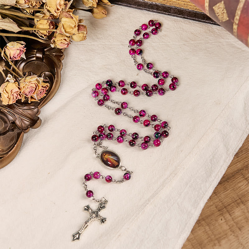 Divine Mercy & Crucifix of 8 mm Round Purple Glass Alloy Chain Rosary