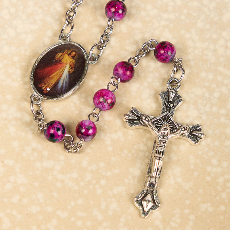 Divine Mercy & Crucifix of 8 mm Round Purple Glass Alloy Chain Rosary