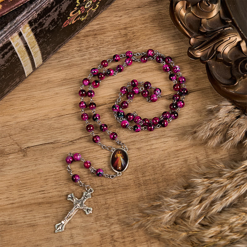 Divine Mercy & Crucifix of 8 mm Round Purple Glass Alloy Chain Rosary