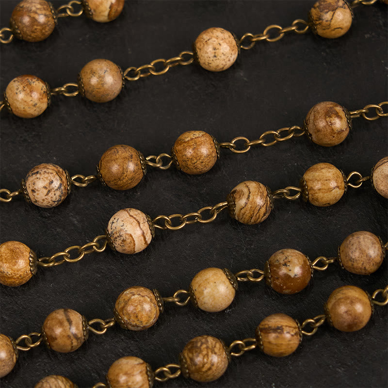 Rose & Crucifix of 8 mm Round Brown Stone Alloy Chain Rosary