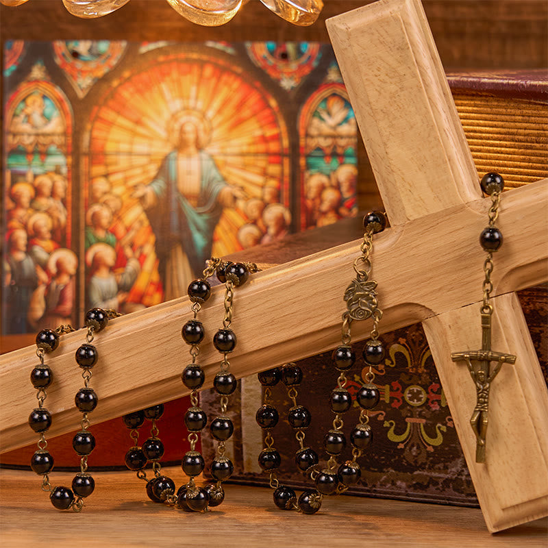Rose & Crucifix of 10mm Round Black Stone Alloy Chain Rosary
