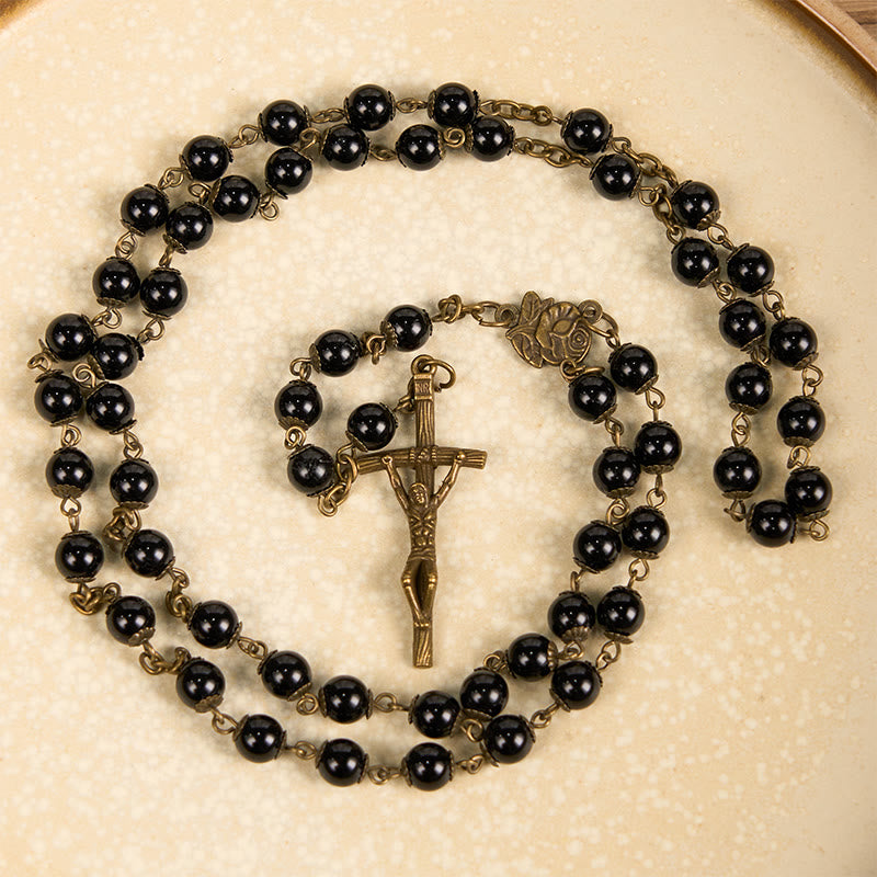 Rose & Crucifix of 10mm Round Black Stone Alloy Chain Rosary