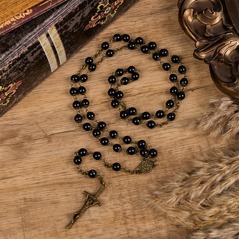 Rose & Crucifix of 10mm Round Black Stone Alloy Chain Rosary
