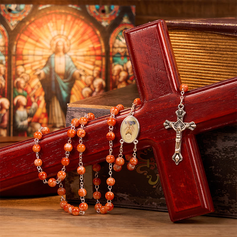 Holy Communion & Crucifix of 8 mm Round Orange Glass Alloy Chain Rosary