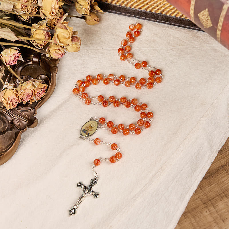 Holy Communion & Crucifix of 8 mm Round Orange Glass Alloy Chain Rosary