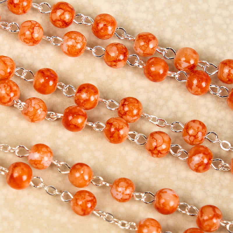 Holy Communion & Crucifix of 8 mm Round Orange Glass Alloy Chain Rosary