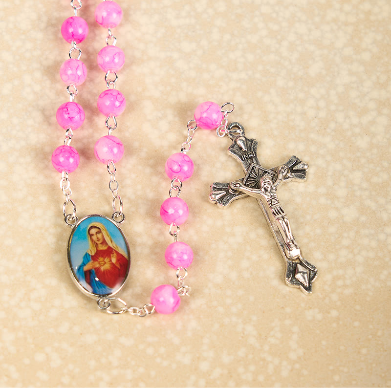 Immaculate Heart of Mary & Crucifix of 8 mm Round Pink Glass Alloy Chain Rosary