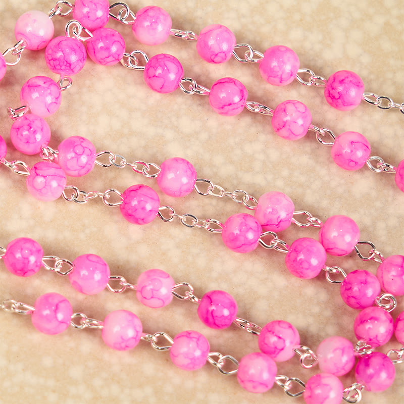 Immaculate Heart of Mary & Crucifix of 8 mm Round Pink Glass Alloy Chain Rosary