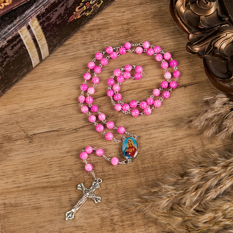 Immaculate Heart of Mary & Crucifix of 8 mm Round Pink Glass Alloy Chain Rosary