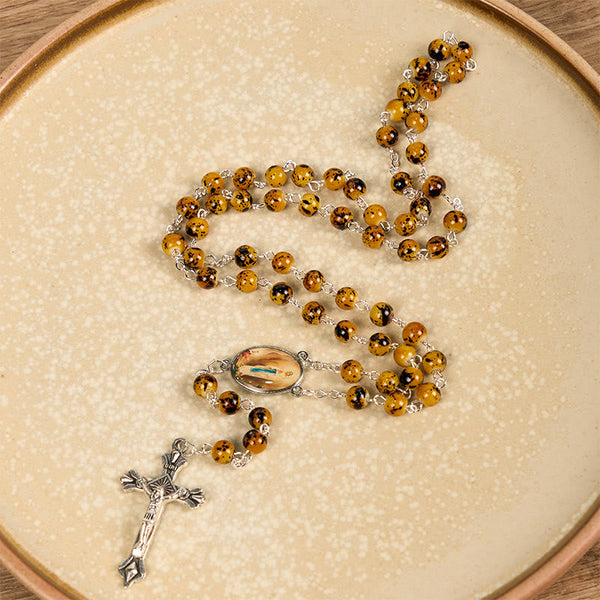 Our Lady of Fatima & Crucifix of 8 mm Round Pattern Stone Alloy Chain Rosary